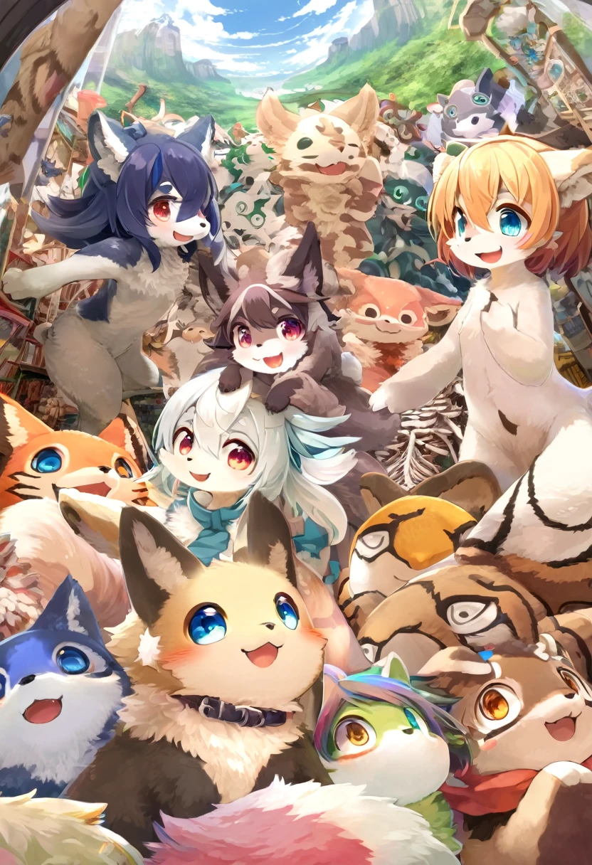 Ultra-high resolution, Detailed Background,  boy, girl, Happy, Joyful, Disorganized(kemono, Furry Personification),　Naked　Naked　Completely naked　Covered entirely in fur　Animal body types　Animal skeleton