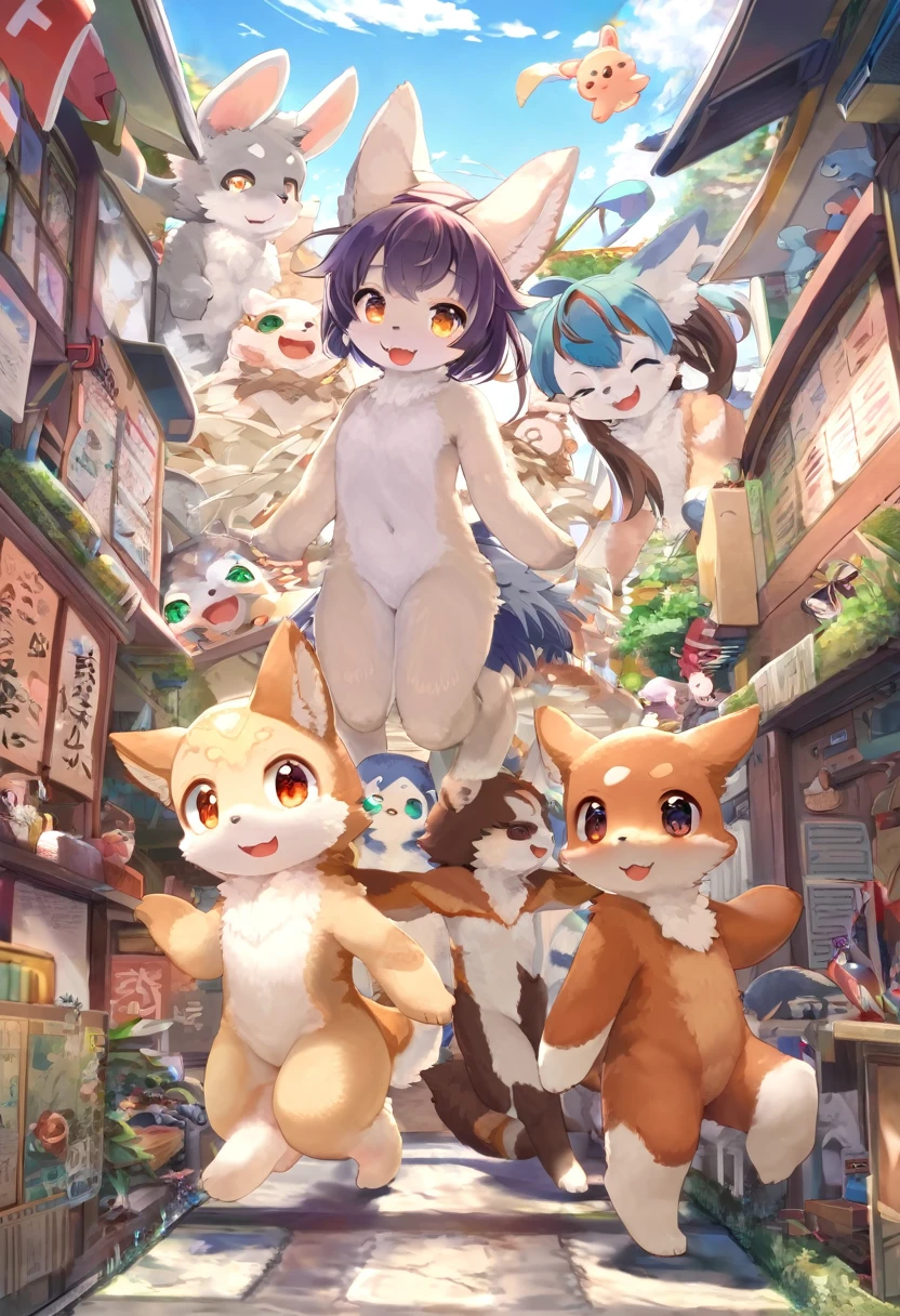 Ultra-high resolution, Detailed Background,  boy, girl, Happy, Joyful, Disorganized(kemono, Furry Personification),　Naked　Naked　Completely naked　Covered entirely in fur　Animal body types　Animal skeleton