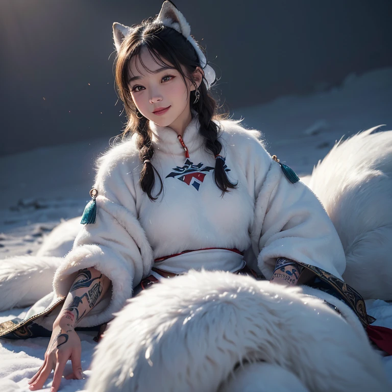 snow mountain、 ((highest quality、masterpiece、8k、best image quality、ultra high resolution、Award-winning work)、(accurate anatomy:1.1)、(look at me and smile:1.1)、Shining fair skin with ultra high resolution、most detailed face、ultra high resolution detailed face、white short hair blowing 、(ultra high resolutionの煌めく瞳:1.1)、Beautiful face drawn in every detail、(blurred background:1.1)、warm Inuit clothing, tattoo, real wolfs beside