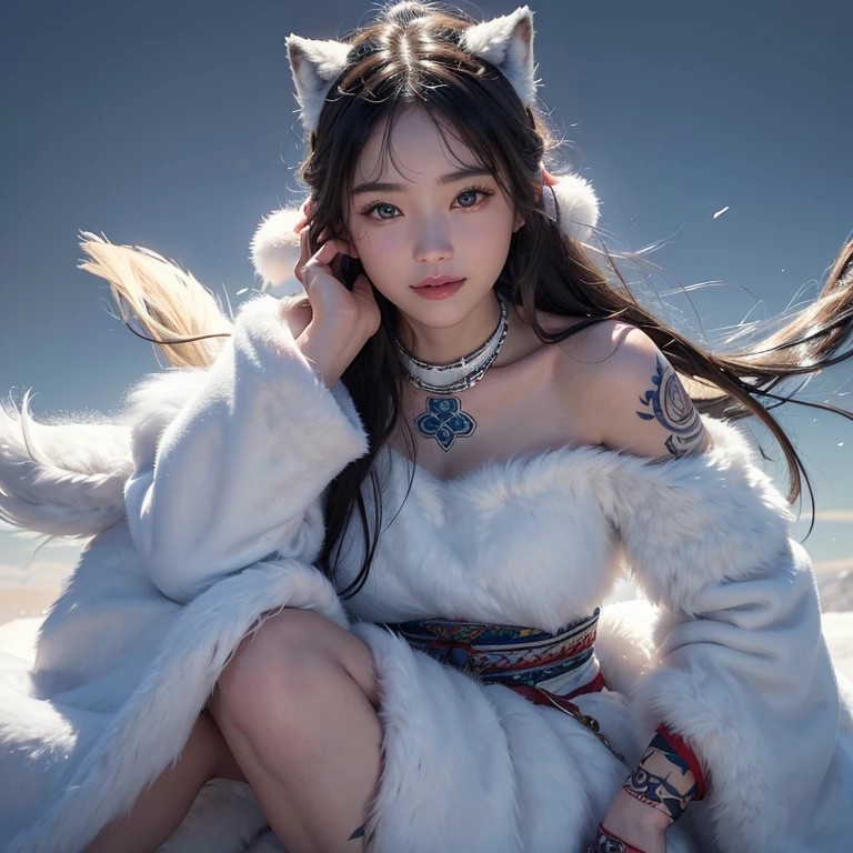 snow mountain、 ((highest quality、masterpiece、8k、best image quality、ultra high resolution、Award-winning work)、(accurate anatomy:1.1)、(look at me and smile:1.1)、Shining fair skin with ultra high resolution、most detailed face、ultra high resolution detailed face、white short hair blowing 、(ultra high resolutionの煌めく瞳:1.1)、Beautiful face drawn in every detail、(blurred background:1.1)、warm Inuit clothing, tattoo, real wolfs beside