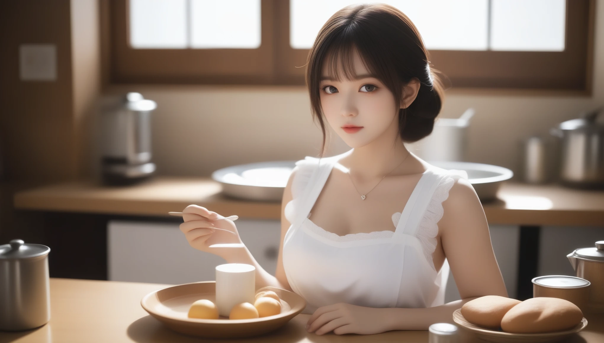 8k, Ultra-high resolution, highest quality, masterpiece, Surreal, photograph, 1 girl, (:1.3), pretty girl, Cute face, Beautiful eyes in every detail, 細かくdetailedに,masterpiece,Create the best glowing composition of a person、Express. ((Tabletop)), (((highest quality)))), ((超detailed)), (Surreal), (Very delicate and beautiful), masterpieceとしての少女, highest quality, Realistic Skin, Realistic Fabric, 中央正面にリアルで超detailedな目を持つ少女に焦点を当てたリアリズムイラスト. This is an absolute rule, And the next sentence describes the quality of the image:,Blake 1 Beautiful Japanese Girl, ((Big Breasts)), ((Cleavage)), ((Side Bust Barbosa, Underbust)), スリムな腹筋のbeauty: 1.3, (Medium Short Hair, big: 1.2), (((White nude apron: 1.3))), Highly detailed face, Fine grain, double eyelid, (((Cafe Background))), ((In a beautiful kitchen))、It is necessary to put it in the frame so that the girl is in the center,Sexy pose、See through 、Looking at the audience、beauty,Long neck、Laugh a little、Please close your mouth and laugh、(((Ideal body type))),A-cup small breasts :2,、Portraiture:2、Perfect Anatomy、鮮明なdetailed、detailed、Surreal、Light and shadow,Strong light,Fashion magazine cover,Thin lips