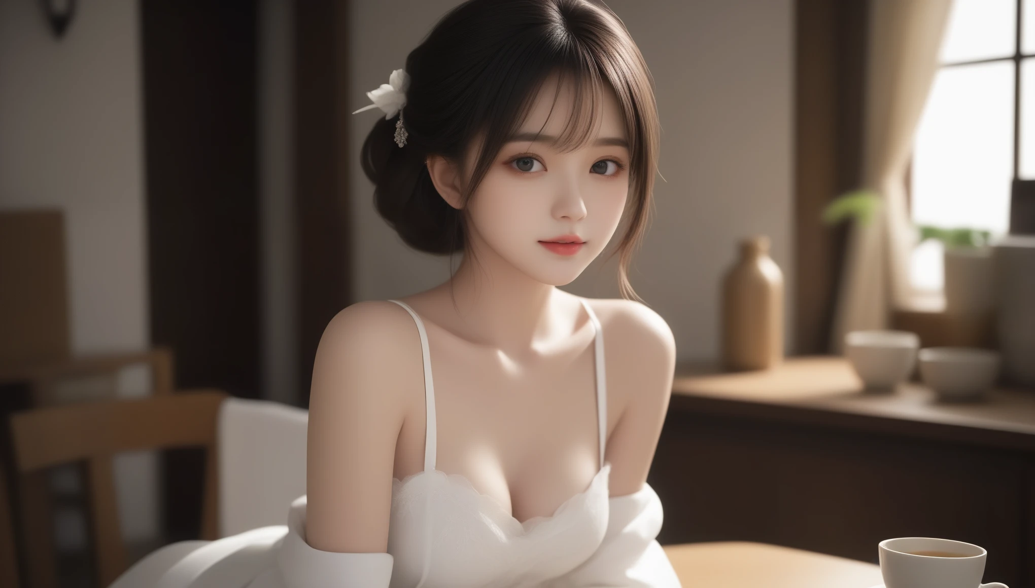 8k, Ultra-high resolution, highest quality, masterpiece, Surreal, photograph, 1 girl, (:1.3), pretty girl, Cute face, Beautiful eyes in every detail, 細かくdetailedに,masterpiece,Create the best glowing composition of a person、Express. ((Tabletop)), (((highest quality)))), ((超detailed)), (Surreal), (Very delicate and beautiful), masterpieceとしての少女, highest quality, Realistic Skin, Realistic Fabric, 中央正面にリアルで超detailedな目を持つ少女に焦点を当てたリアリズムイラスト. This is an absolute rule, And the next sentence describes the quality of the image:,Blake 1 Beautiful Japanese Girl, ((Big Breasts)), ((Cleavage)), ((Side Bust Barbosa, Underbust)), スリムな腹筋のbeauty: 1.3, (Medium Short Hair, big: 1.2), (((White nude apron: 1.3))), Highly detailed face, Fine grain, double eyelid, (((Cafe Background))), ((In a beautiful kitchen))、It is necessary to put it in the frame so that the girl is in the center,Sexy pose、See through 、Looking at the audience、beauty,Long neck、Laugh a little、Please close your mouth and laugh、(((Ideal body type))),A-cup small breasts :2,、Portraiture:2、Perfect Anatomy、鮮明なdetailed、detailed、Surreal、Light and shadow,Strong light,Fashion magazine cover,Thin lips