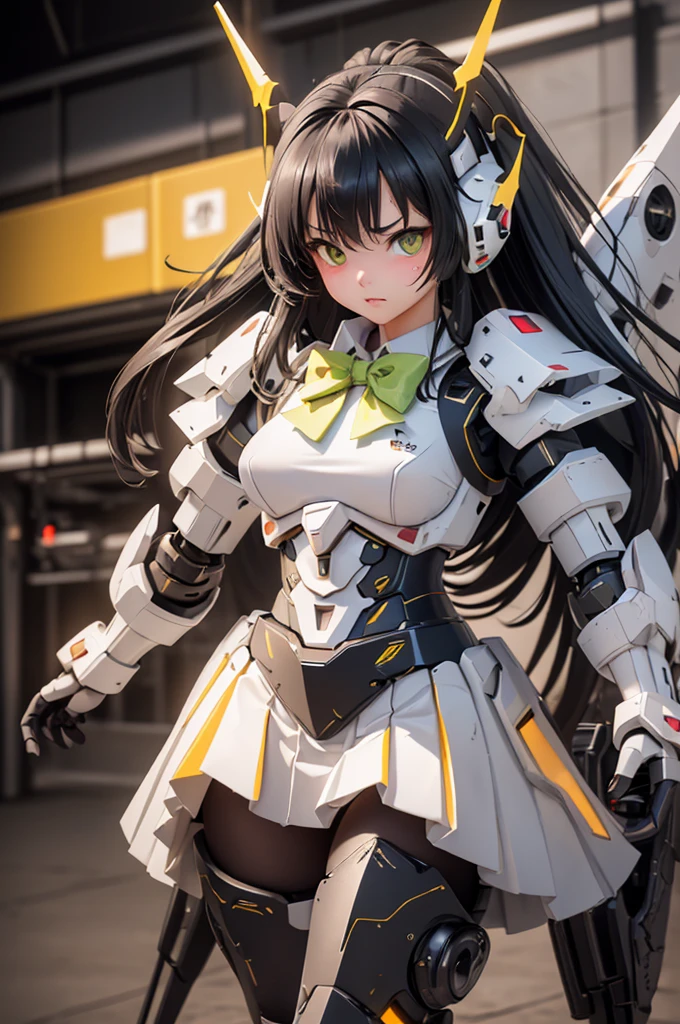 (highest quality)), ((masterpiece)), (very detailed: 1.3), 3D, {(****ung girl)}, (wear yellow sweater and white collared shirt and green pleats skirt and green bow tie under armor:1.3), (black hair:1.5), (She is fused with futuristic Gundam mecha:1.3), with headgear, with v-fin , armored shoulders,armored under arms, armored under legs, short sleeve, attached 2 huge weapons on back, legs mounted weapon module, camel toe,  multilayer textureperfect proportions, octane rendering, duotone lighting, Low ISO, wide aperture, White balance, Rule of thirds, ultra HD16k, HDR (High Dynamic Range), Ray Tracing, NVIDIA RTX, Super Resolution, Subsurface Scattering, PBR Texturing, Post Processing, Anisotropic Filtering, Depth of Field, Maximum Clarity and Clarity, High efficiency subpixel, subpixel convolution, particles of light, light scattered, Tyndall effect, full body:1.5, battle pose,(face-off sex position:1,2), , cute, (cute:1.2), (long hair:1.3), (Average face of Japanese idols),  (baby face), Wide forehead:1.2, Plump Cheeks, Small jaw, in the hangar,looking at viewer,Focus on the eyes , (Four perfect fingers, One thumb),