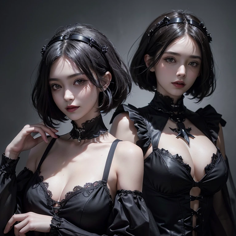 Dark fantasy,windy weather, real raven、 ((highest quality、masterpiece、8k、best image quality、ultra high resolution、Award-winning work)、(accurate anatomy:1.1)、(look at me and smile:1.1)、Shining fair skin with ultra high resolution、most detailed face、ultra high resolution detailed face、grey short hair flowing 、Beautiful face drawn in every detail、(blurred background:1.1)、 red and black gothic punk fashion, modest breast , real crow on the shoulder