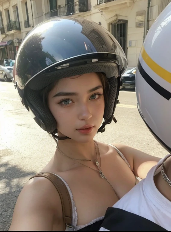 thin face,brow eyes,big pink mouth,thin nose,motorcycle helmet,white,wearing lanyard,brown eyes,feet,illustration,ultra-detailed,realistic,photorealistic,HDR,UHD,studio lighting,professional,vivid colors,portraits,sharp focus, beautiful, 4k, quality, self