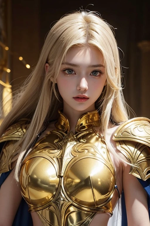 Attractive 18 year old Russian famous model, Light blonde hair, Close-up of a woman wearing only armor and a white cape made of gold metal chains, Beautifully patterned gold armor, Sailor Galaxy, God Emperor of Mankind, She only wears golden armor, Saint Seiya, Gold Paladin, Light Gold Armor, welcome, Wearing only armor made of golden, rotting metal, Wearing only shining gold armor, Gold Armor, Wearing only shining golden armor, The welcomes of gold, Charismatic, Model standing，The whole body shines like a diamond，