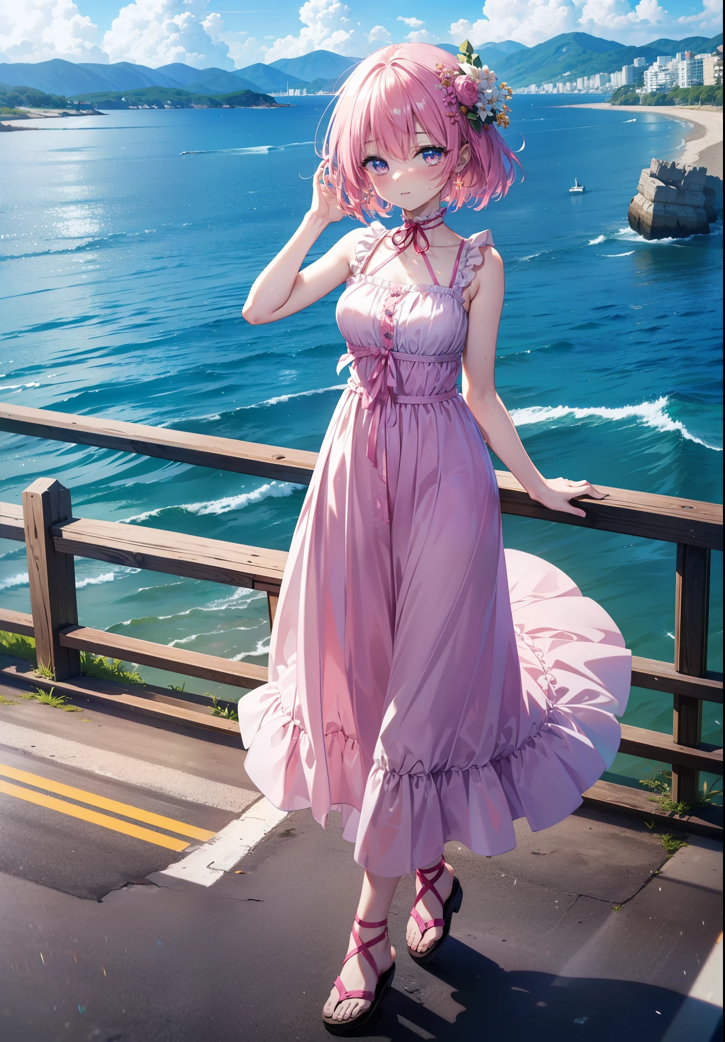Model Luke, Momo Model Building Luke, Devil&#39;s Tail, Hair Flowers, hair ornaments, Pink Hair,Short Hair,(Purple eyes:1.1), smile,blush,happy smile, smile, Open your mouth,
, Sleeveless Pink Dress,Pink long skirt,Cute Sandals,walking,Real Summer,Daytime,sunny,whole bodyがイラストの中に入っていくように,
break outdoors ,Coastal Road,In town,　　　　　　　　　　　　　　break looking at viewer, whole body,
break (masterpiece:1.2), highest quality, High resolution, unity 8k wallpaper, (shape:0.8), (beautiful deしっぽed eyes:1.6), extremely deしっぽed face, Perfect lighting, extremely deしっぽed CG, (Perfect hands, Perfect Anatomy),