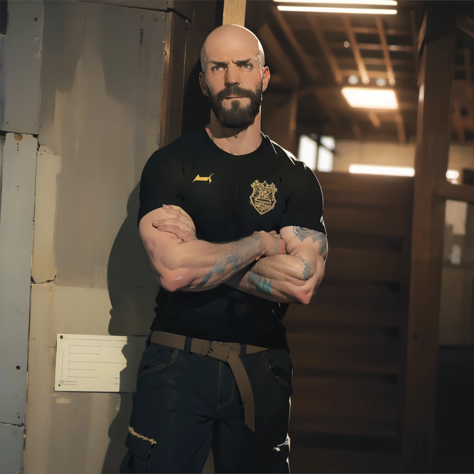 tall bald handsome man with beard, daddy, dark tattoos, lean fit body, soccer shirt, 30yo, dynamic lighting, lean body, loose cargo plants pants, character sheet, full body shot
