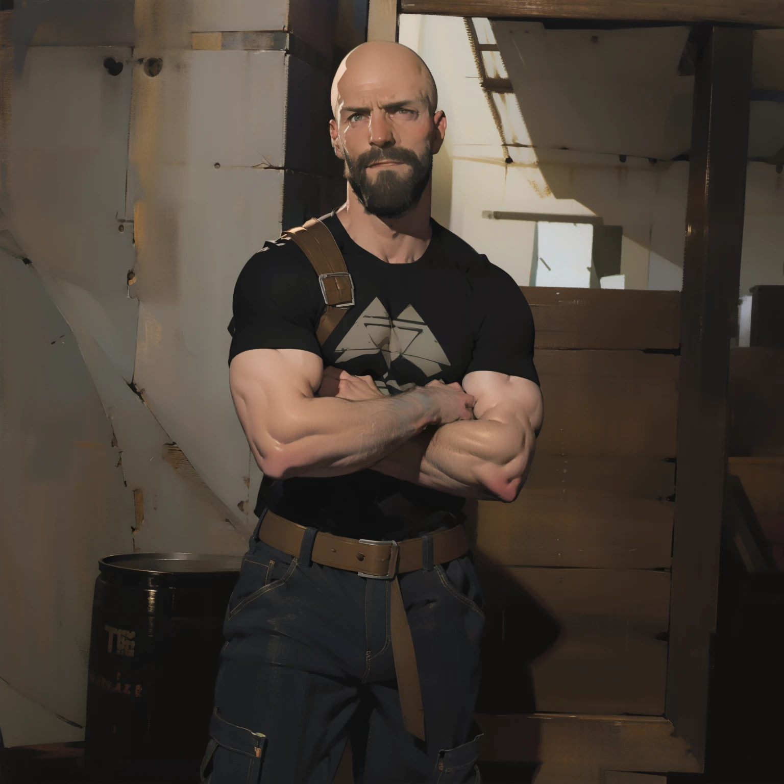 tall bald handsome man with beard, daddy, dark tattoos, lean fit body, soccer shirt, 30yo, dynamic lighting, lean body, loose cargo plants pants, character sheet, full body shot