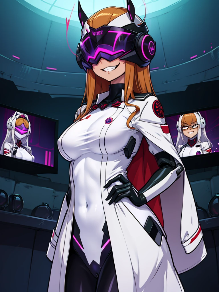 Sfw, mind control Sam by spider helmet robot, ginger hair, 'I have Sam's body', successfully possessed Sam, Glowing red piercing eyes, pervy evil grin, 'this is my body now', hahahaha, satisfying looks, venus body, , wearing white laboratory coat with green spy suit underneath, hands on hip, spider helmet
