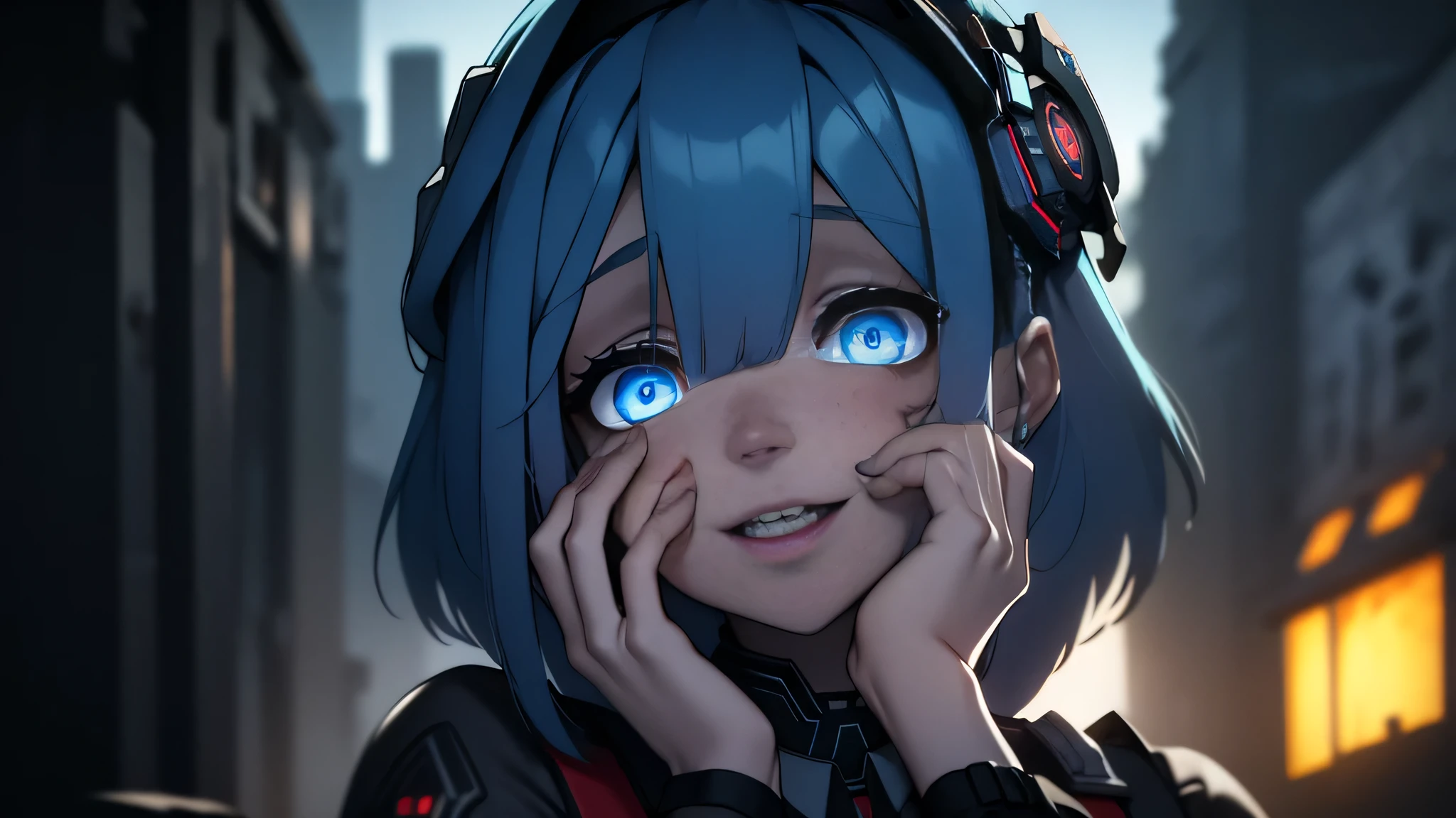 ((Best quality)), ((masterpiece)), (detailed:1.4), 3D, an image of a beautiful cyberpunk female, Yandere , Yandere Face , Trance , Trance Eyes , yameroyandere , constricted pupils , yandere ,
empty eyes . shaded face , crazy eyes , blue glowing eyes , crazy smile , dark, long sky blue hair, watering hair, blue eyes, white headgear, White Soldier Shirt, Black under cloth, Short white panty, Grenade belt, Big chest, Big thigh, High thigh black knee sock, full view of girl, battlefield background, black combat boot, red necktie, black glove, black combat suit, black jacket, black cloak, black panty, ammo belt, HDR (High Dynamic Range),Ray Tracing,NVIDIA RTX,Super-Resolution,Unreal 5,Subsurface scattering,PBR Texturing,Post-processing,Anisotropic Filtering,Depth-of-field,Maximum clarity and sharpness,Multi-layered textures,Albedo and Specular maps,Surface shading,Accurate simulation of light-material interaction,Perfect proportions,Octane Render,Two-tone lighting,Wide aperture,Low ISO,White balance,Rule of thirds,8K RAW,