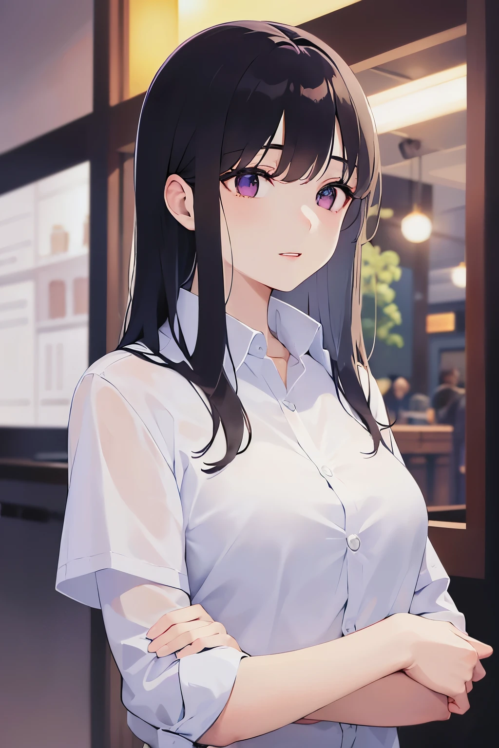 side angle, (looking away:1.5), holding a beer、Upper Body, Realistic, real person, (pale skin: 1.2), RAW photo, photorealistic, shiny skin, shiny hair、(Bangs)25 year old woman with straight hair) and (medium hair) and (black hair) and (purple eyes) , (White collared shirt), smile, open mouth, The background is the interior of a restaurant at night.、alone、Are standing、
