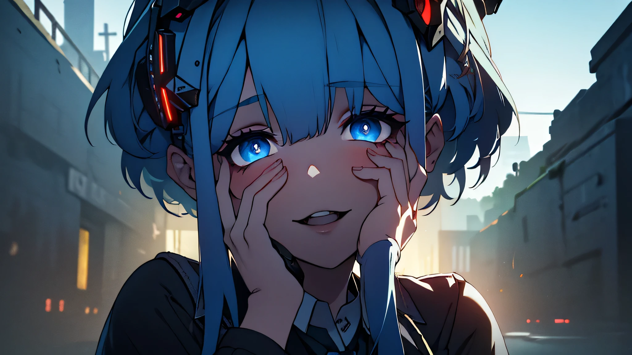 ((Best quality)), ((masterpiece)), (detailed:1.4), 3D, an image of a beautiful cyberpunk female, Yandere , Yandere Face , Trance , Trance Eyes , yameroyandere , constricted pupils , yandere ,
empty eyes . shaded face , crazy eyes , blue glowing eyes , crazy smile , dark, long sky blue hair, watering hair, blue eyes, white headgear, White Soldier Shirt, Black under cloth, Short white panty, Grenade belt, Big chest, Big thigh, High thigh black knee sock, full view of girl, battlefield background, black combat boot, red necktie, black glove, black combat suit, black jacket, black cloak, black panty, ammo belt, HDR (High Dynamic Range),Ray Tracing,NVIDIA RTX,Super-Resolution,Unreal 5,Subsurface scattering,PBR Texturing,Post-processing,Anisotropic Filtering,Depth-of-field,Maximum clarity and sharpness,Multi-layered textures,Albedo and Specular maps,Surface shading,Accurate simulation of light-material interaction,Perfect proportions,Octane Render,Two-tone lighting,Wide aperture,Low ISO,White balance,Rule of thirds,8K RAW,