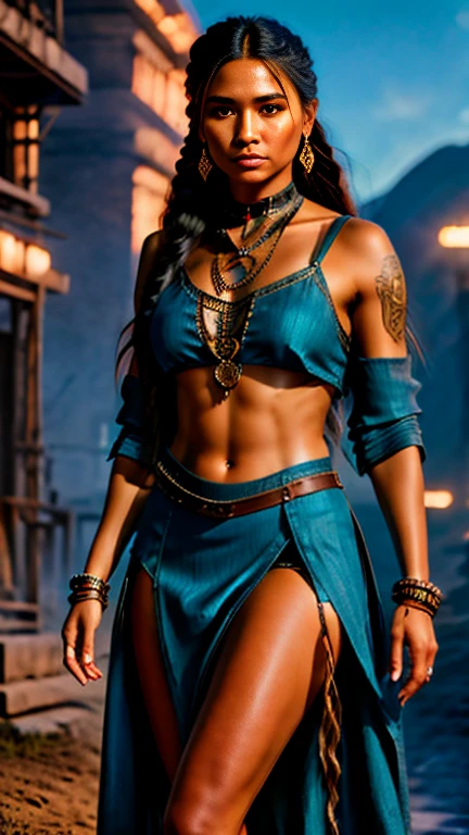 A high resolution ultra detailed realistic photo with a Native American woman, Native American woman with long legs and curvy figure, hairstyle wild braids, clothing is a mix of cyberpunk and Native American style, Native American woman with full body pose dancing and looking towards the Camera, the clothes swing in the air, the background of the picture is at night in the steppe with mountains in the background, Clothing Maxi dress with long slits on the side, Clothing maxi skirt with long slits on the side, Clothing long maxi dress, large Native American tattoos