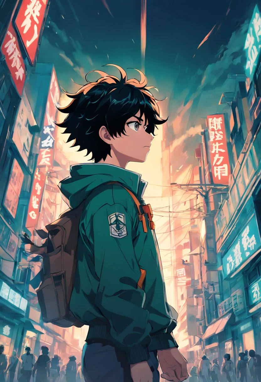 Create a breathtaking black and white movie poster capturing the essence of Kohei Horikoshi's my hero academia, featuring Deku in his iconic full  superhero uniform, walking into the void where thier is nothing but him.