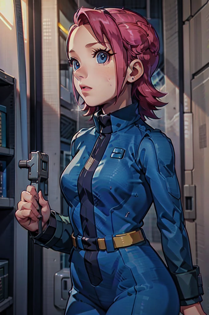 Mayl Sakurai reimagined as a vault dweller, doing maintenance in an underground vault. Her vibrant pink hair stands out against the dimly lit environment. She is a 26-year-old woman dressed in a vault dweller jumpsuit, indicative of her role in the post-apocalyptic world. The jumpsuit is worn but still functional, reflecting the harsh conditions of life underground. Her face is beautifully detailed, with expressive eyes that convey determination and intelligence. Her lips are also well-defined, adding to her overall allure.

In the vault, Mayl Sakurai is seen operating a pipboy, a wrist-worn device that serves as an essential tool and information hub for survival in the vault. The pipboy's screen emits a soft glow, illuminating Mayl's face and casting a subtle green hue on the surroundings. The details on the pipboy, from its buttons to its display, are extremely detailed, showcasing its futuristic design.

The underground vault is filled with mechanical equipment and pipes, emphasizing the importance of maintenance in this post-apocalyptic world. The atmosphere is gritty and industrial, with a hint of mystery and danger. The lighting is dim and has a hint of blue tones, enhancing the underground ambiance.

Despite the grim surroundings, Mayl Sakurai exudes confidence and strength as she jumps into action, ready to fulfill her duties as a vault dweller. Her posture and expression suggest that she is prepared to face any challenge that comes her way.

The image quality should be at its best, with 4K resolution and ultra-detailed rendering, capturing every intricate detail of the scene. The colors should be vivid, emphasizing the contrast between Mayl's vibrant pink hair and the dimly lit environment. The overall style should lean towards a post-apocalyptic concept art aesthetic, blending realism with a touch of fantasy.

In summary, the Stable Diffusion prompt for the provided theme would be:
Mayl Sakurai reimagined as a vault dweller, doing maintenance in an undergr