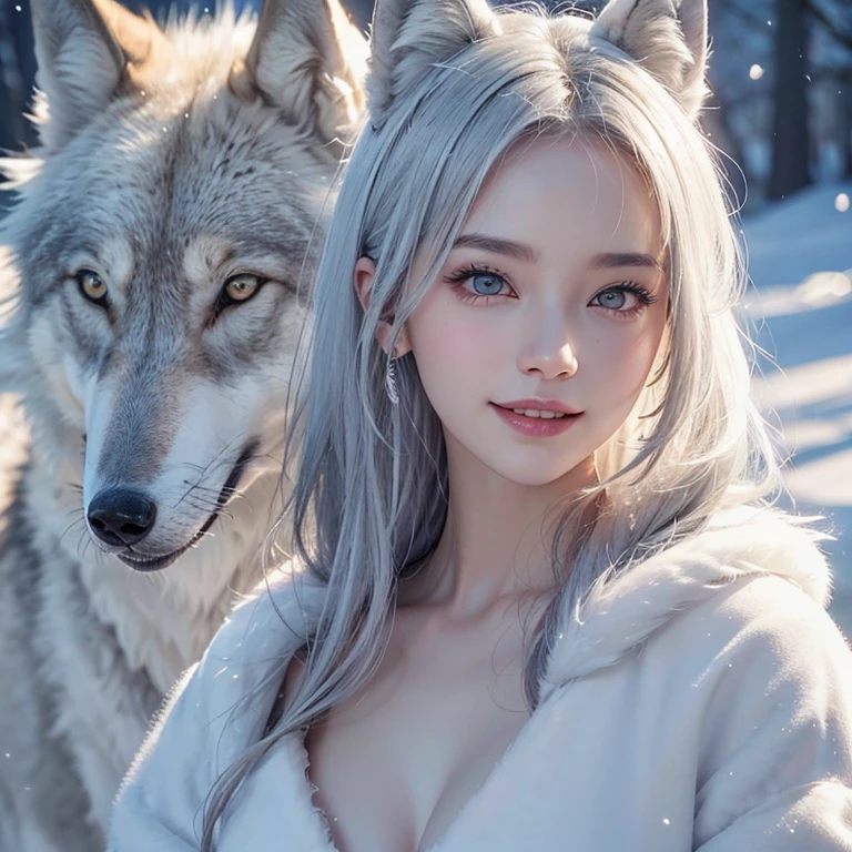 snowing mountain、white wolf、 ((highest quality、masterpiece、8k、best image quality、ultra high resolution、Award-winning work)、(accurate anatomy:1.1)、(look at me and smile:1.1)、Shining fair skin with ultra high resolution、most detailed face、ultra high resolution detailed face、white short hair flowing 、Beautiful face drawn in every detail、(blurred background:1.1)、 Inuit fur clothing, chest together, real wolf beside the girl