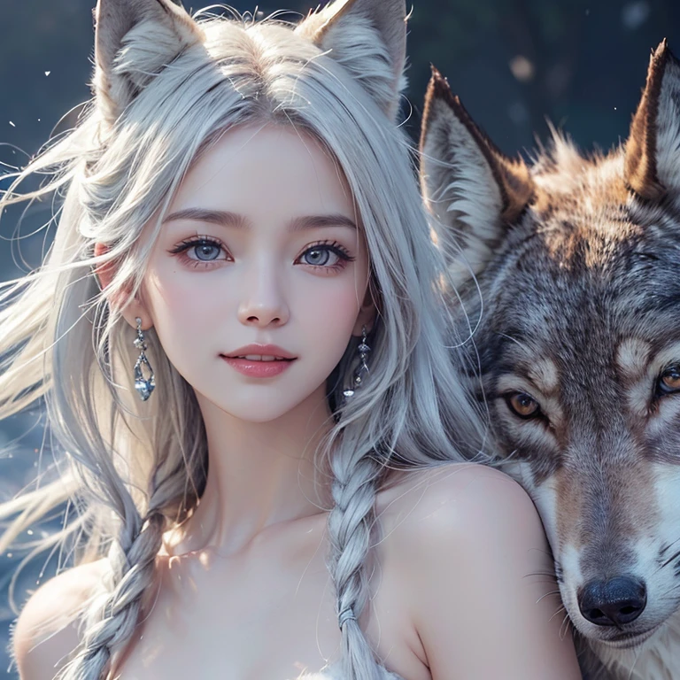 snowing mountain、white wolf、 ((highest quality、masterpiece、8k、best image quality、ultra high resolution、Award-winning work)、(accurate anatomy:1.1)、(look at me and smile:1.1)、Shining fair skin with ultra high resolution、most detailed face、ultra high resolution detailed face、white short hair flowing 、Beautiful face drawn in every detail、(blurred background:1.1)、 Inuit fur clothing, chest together, real wolf beside the girl