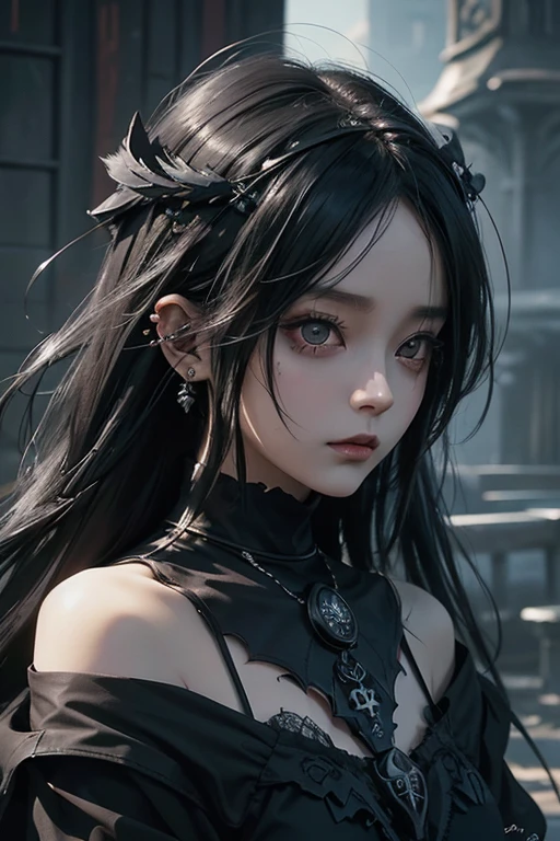 there is a woman with a bird on her shoulder, with long hair and piercing eyes, dark fantasy mixed with realism, 1 7 - year - old anime goth girl, cute face. dark fantasy, raven black hair, black hair and large eyes, by Yang J, artwork in the style of guweiz, dreamy gothic girl, with a crow on her shoulder