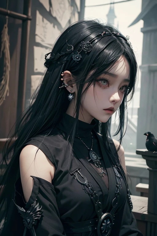there is a woman with a bird on her shoulder, with long hair and piercing eyes, dark fantasy mixed with realism, 1 7 - year - old anime goth girl, cute face. dark fantasy, raven black hair, black hair and large eyes, by Yang J, artwork in the style of guweiz, dreamy gothic girl, with a crow on her shoulder