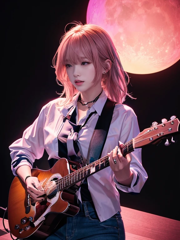 There's a woman playing the guitar in front of the full moon, artwork in the style of Gweitz, Gweitz, Erotic atmosphere, Lo-fi art style, LOFI Girl, Nightcore, Portrait of Rofi, amy sol style, Anime Aesthetics, Lostland Style, High-quality art style, Ross Tran style