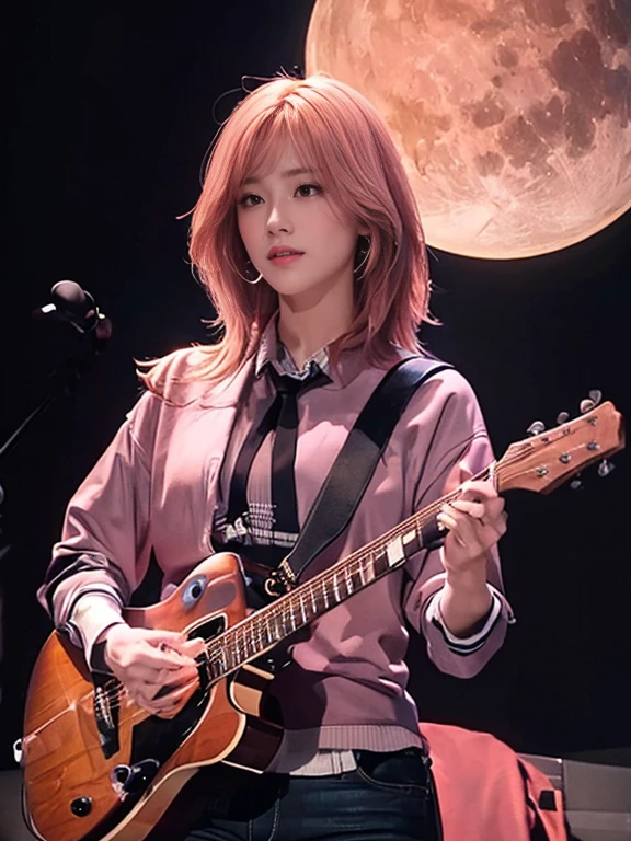 There&#39;s a woman playing the guitar in front of the full moon, artwork in the style of Gweitz, Gweitz, Erotic atmosphere, Lo-fi art style, LOFI Girl, Nightcore, Portrait of Rofi, amy sol style, Anime Aesthetics, Lostland Style, High-quality art style, Ross Tran style