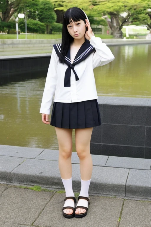 Plain face Long black straight hair Bad girl of the Showa era Sailor suit Extreme Mini Skirt Brown Skin The park looks boring Bare feet and toilet sandals Ugly ugly