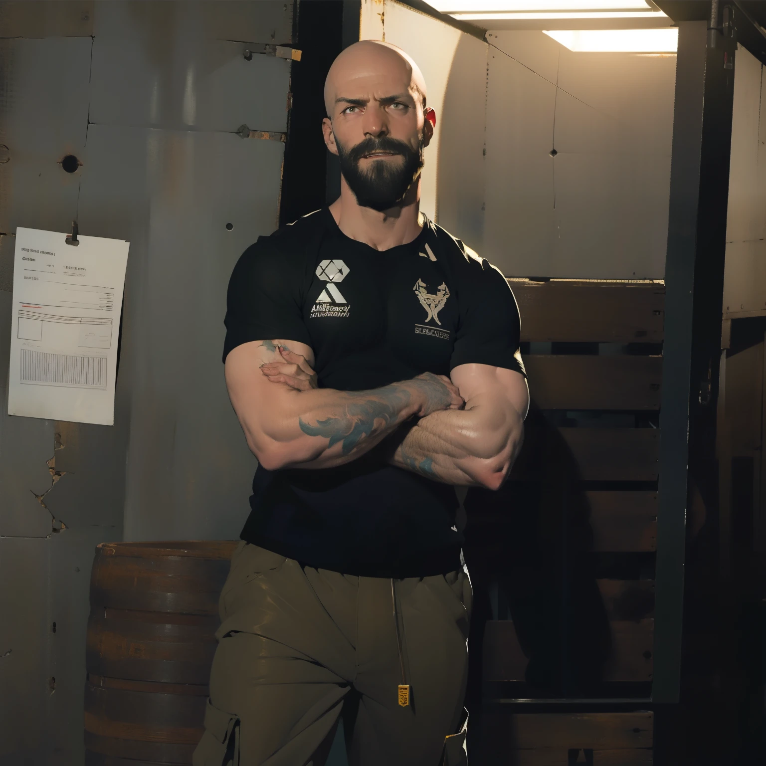 tall bald handsome man with beard, daddy, dark tattoos, lean fit body, soccer shirt, 30yo, dynamic lighting, lean body, loose cargo plants pants, character sheet, full body shot