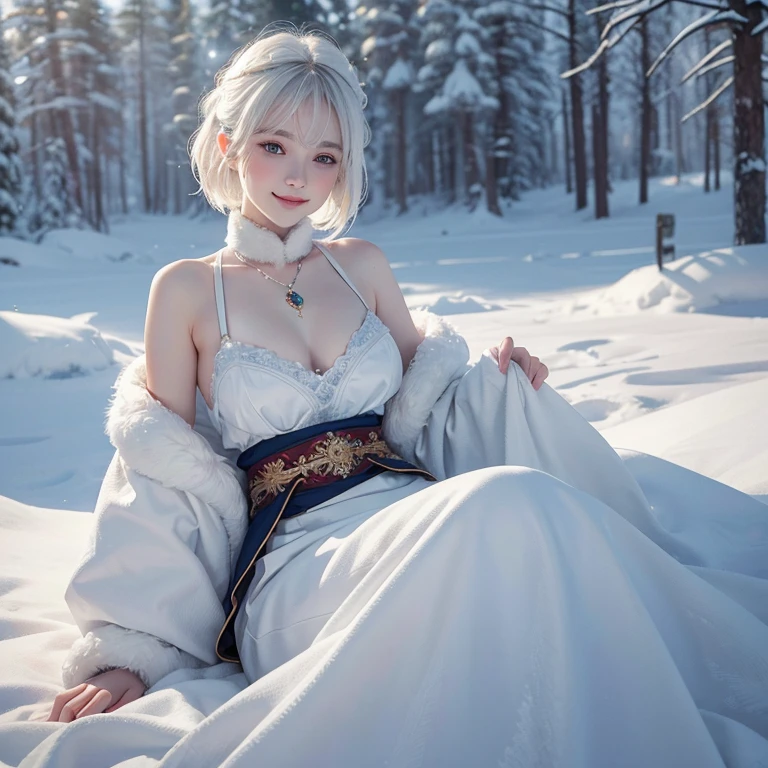 Heavy snowfall,snowing mountain、white wolf、 ((highest quality、masterpiece、8k、best image quality、ultra high resolution、Award-winning work)、(accurate anatomy:1.1)、(look at me and smile:1.1)、Shining fair skin with ultra high resolution、most detailed face、ultra high resolution detailed face、white short hair flowing 、Beautiful face drawn in every detail、(blurred background:1.1)、breast fully covered by fur Russian traditional clothing,real wolf beside the girl