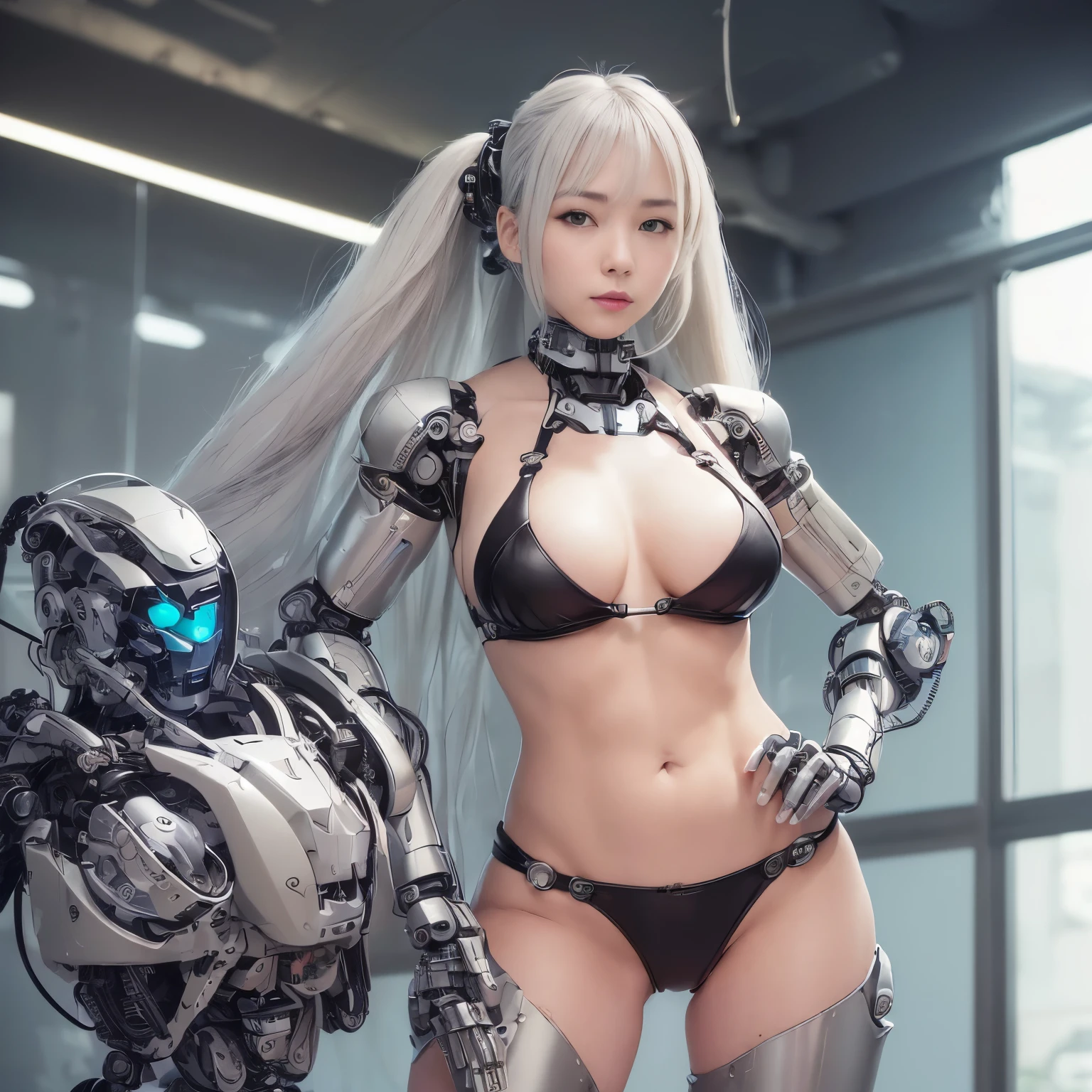 Beautiful Face,Face is Japanese,((1 female)), big, Curvaceous, (16k, RAW Photos, highest quality, masterpiece: 1.2), (HDR, Realistic, Realistic: 1.37),((((Leather Bikini Cyborg Robot Parts)))), (Light grey hair), Long Hair, Wavy Hair, Twin tails, Medium Shot, (Captivating smile)), (Iris), double eyelid, In the lab,((Mechanical vertebrae attached to the back)),((Mechanical neck attached to the neck)),(Wires and cables attached to the head and body),(Character Focus),SF,The perfect woman,完璧なanatomy, anatomy, Up to 4 fingers and 1 thumb, (Cowboy Shot),squat,Spread your legs,