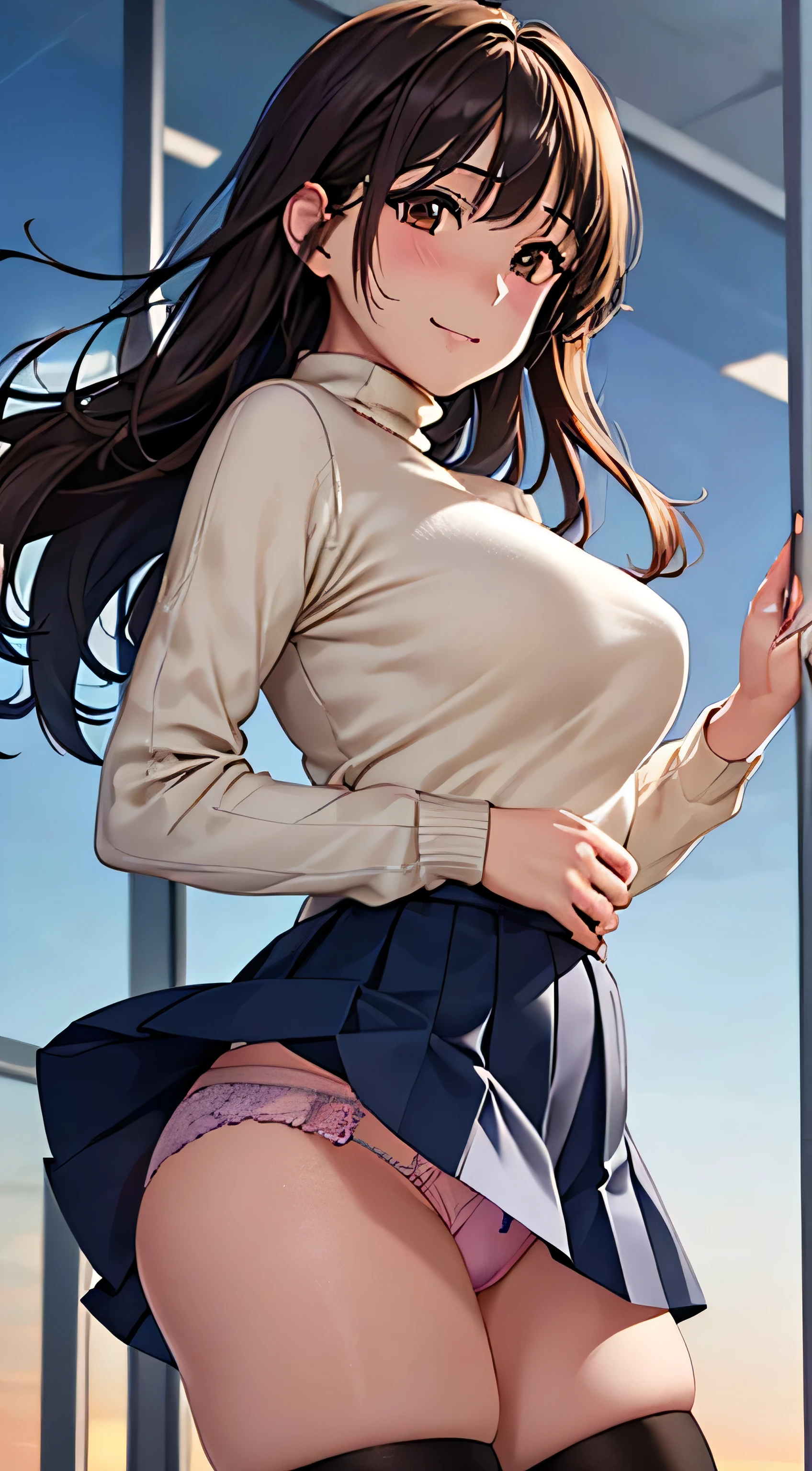 ((Tabletop, highest quality, High resolution, , Perfect Pixel, 4K,))), 1 female teacher, single, alone, beauty、The whole body is visible、 ((Mid-wave hair, bangs, Brown Hair)), ((Brown eyes, Beautiful eyelashes, Realistic eyes)), ((Detailed face, Blushing:1.2)), ((Smooth texture:0.75, Realistic texture:0.65, Realistic:1.1, Anime CG Style)), Medium Chest, Dynamic Angle, Perfect body, (( , Beige turtleneck sweater, long pleated skirt of dark blue color、Black Stockings)), 、、Very embarrassing panic smile, looked back、Leaning forward、The wind is blowing and my underwear is completely visible、Touch your buttocks with both hands、(White and pink floral lace panties)、Angle from below)、