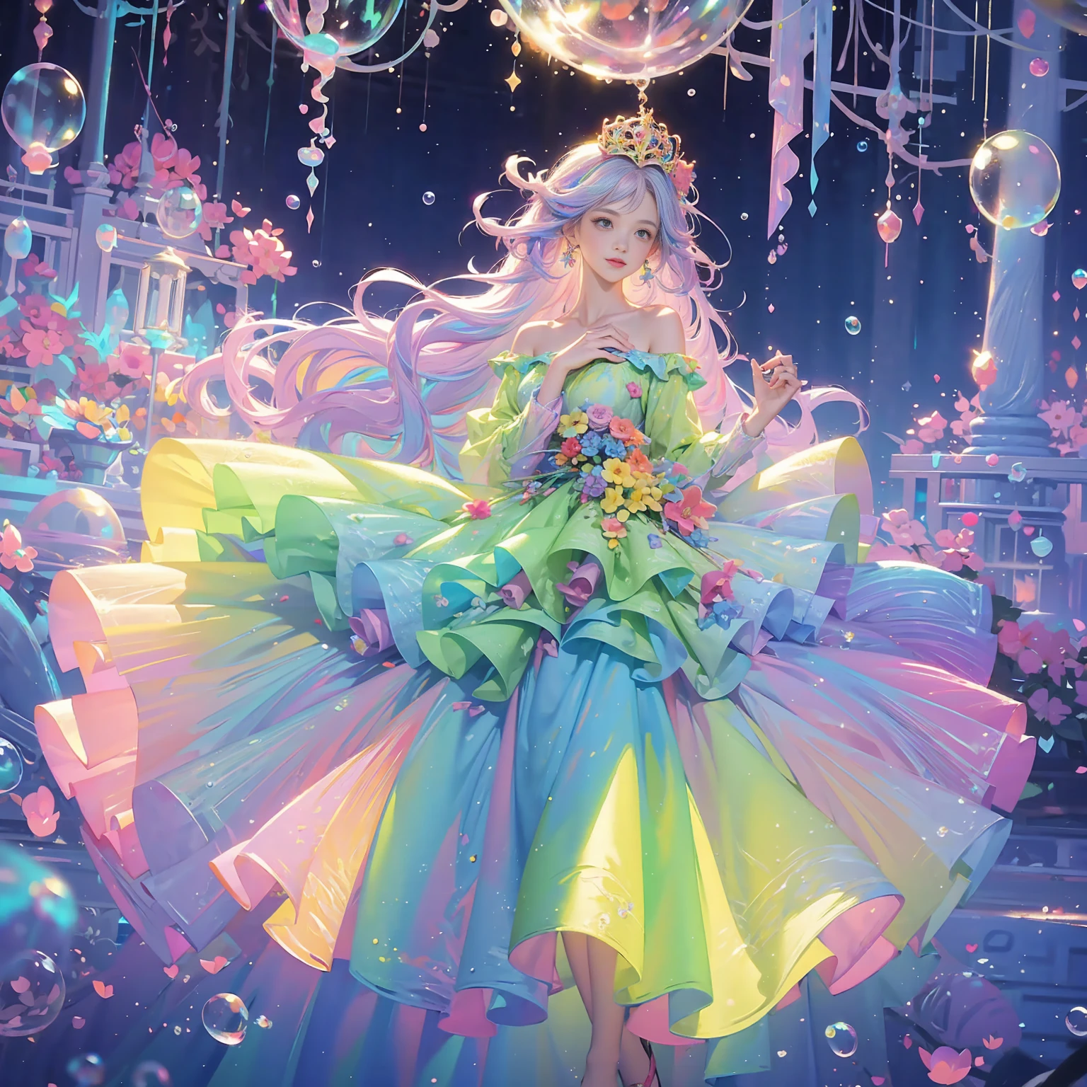masterpiece, highest quality, Intricate details, Excellent anatomy、beautiful girl, Sparkling eyes, Otherworldly liquid fantasy background, watercolor, Bright and vibrant colors, Whimsical, colorful, Layered tiered puffy long sleeve ball gown, ((Rainbow bubbles))