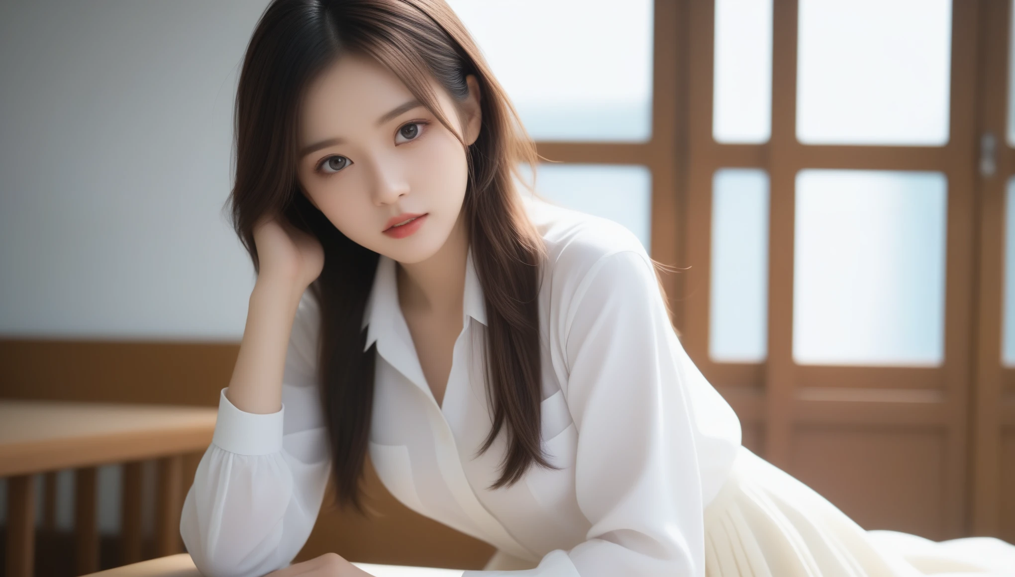 8k, Ultra-high resolution, highest quality, masterpiece, Surreal, photograph, 1 girl, (:1.3), pretty girl, Cute face, Beautiful eyes in every detail, 細かくdetailedに,masterpiece,masterpiece, highest quality, Ultra-high resolution, (Realistic:1.4), Beautiful lighting, RAWphotograph, 8K Ultra HD, 非常にdetailedな顔, Realistic lightning, beautiful girl, pretty girl, ((She is wearing a white shirt and a long pleated skirt)), library, Long Shot, shy,Sexy pose、See through 、Looking at the audience、beauty,Long neck、Laugh a little、Please close your mouth and laugh、(((Ideal body type))),A-cup small breasts :2,、Portraiture:2、Perfect Anatomy、鮮明なdetailed、detailed、Surreal、Light and shadow,Strong light,Fashion magazine cover,Thin lips