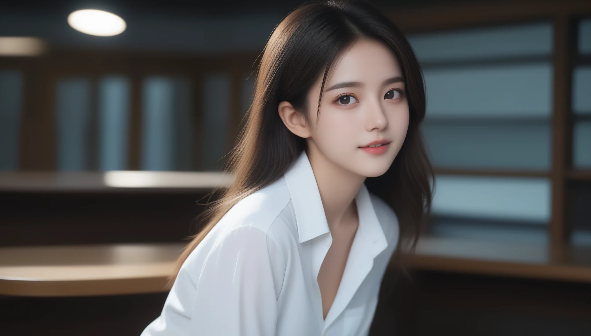8k, Ultra-high resolution, highest quality, masterpiece, Surreal, photograph, 1 girl, (16 years old:1.3), pretty girl, Cute face, Beautiful eyes in every detail, 細かくdetailedに,masterpiece,masterpiece, highest quality, Ultra-high resolution, (Realistic:1.4), Beautiful lighting, RAWphotograph, 8K Ultra HD, 非常にdetailedな顔, Realistic lightning, beautiful girl, pretty girl, ((She is wearing a white shirt and a long pleated skirt)), library, Long Shot, shy,Sexy pose、See through 、Looking at the audience、beauty,Long neck、Laugh a little、Please close your mouth and laugh、(((Ideal body type))),A-cup small breasts :2,、Portraiture:2、Perfect Anatomy、鮮明なdetailed、detailed、Surreal、Light and shadow,Strong light,Fashion magazine cover,Thin lips