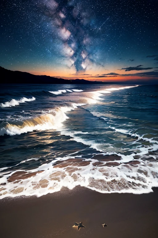 The starry sky shines on the beach, with dark gray sand and shallow water in front of it. The Milky Way is visible above the sea level, creating an endless expanse under the night view. It's like being alone at home, with the vast ocean adding mystery to the scene. A black background highlights details, and high contrast makes everything more vivid., Photorealistic,