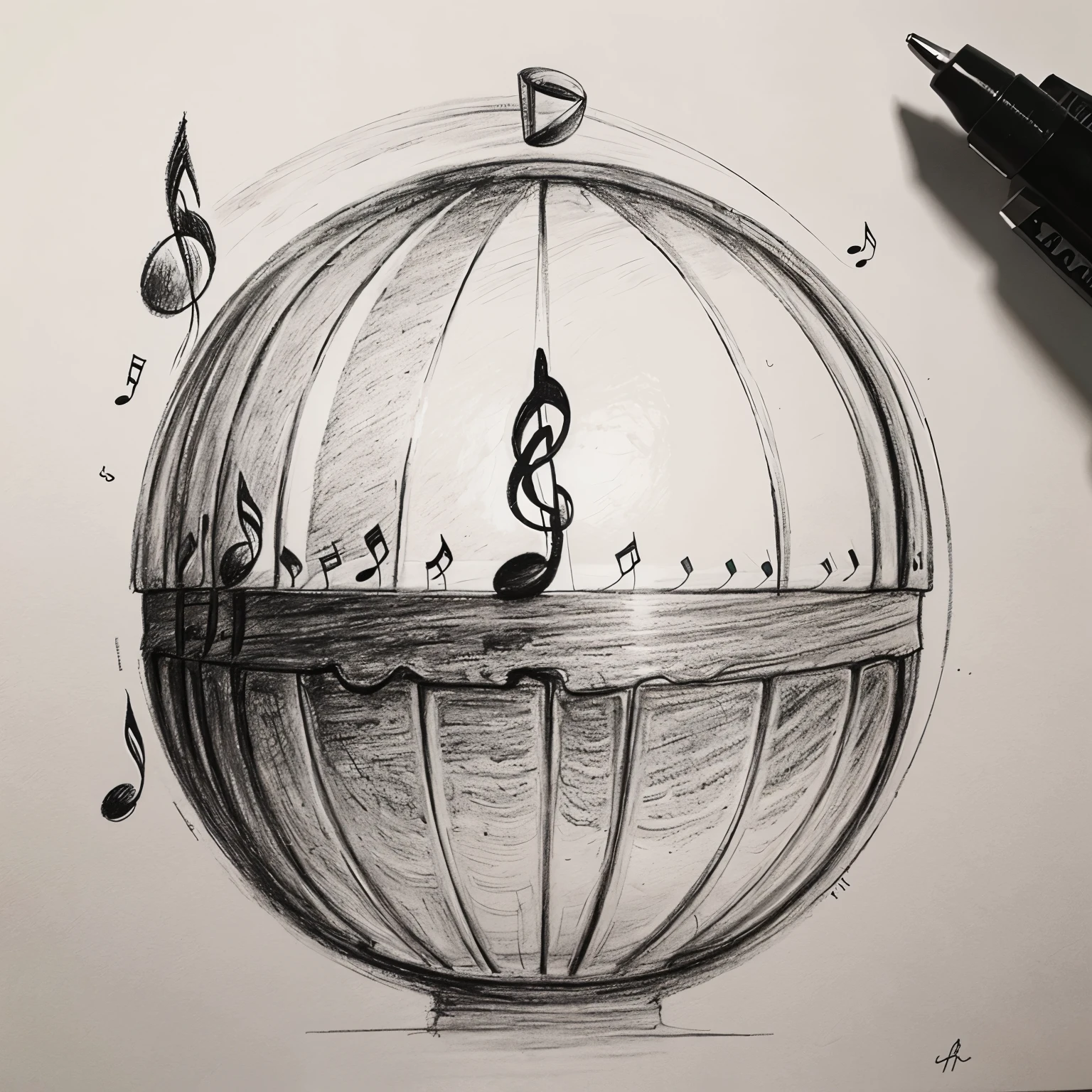 A drawing representing that music is my world tries to give it a dark meaning