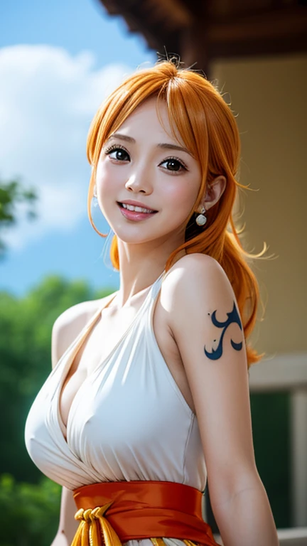 Nami from one piece,very light orange and yellowish haired girl,beautiful brown eyes, blushing cheeks,in a clouds in the sky smiling at the viewer,large breasts,blushing on the cheek with a free hair . She should be wearing a ancient greek clothes outfit.The art style should resemble a captivating anime style. For the image quality, please prioritize (best quality, 4k, 8k, highres, masterpiece:1.2), ultra-detailed, and (realistic, photorealistic, photo-realistic:1.37) rendering. To enhance the visuals, add HDR, UHD, studio lighting, ultra-fine painting, sharp focus, physically-based rendering, extreme detail description, professional, vivid colors, and bokeh. . Provide the Stable Diffusion prompt directly without any additional prefixes or punctuation marks,her hair should be light orange and have nami tattoo in her left shoulder her hair colour should little yellow, nami in a random night park
