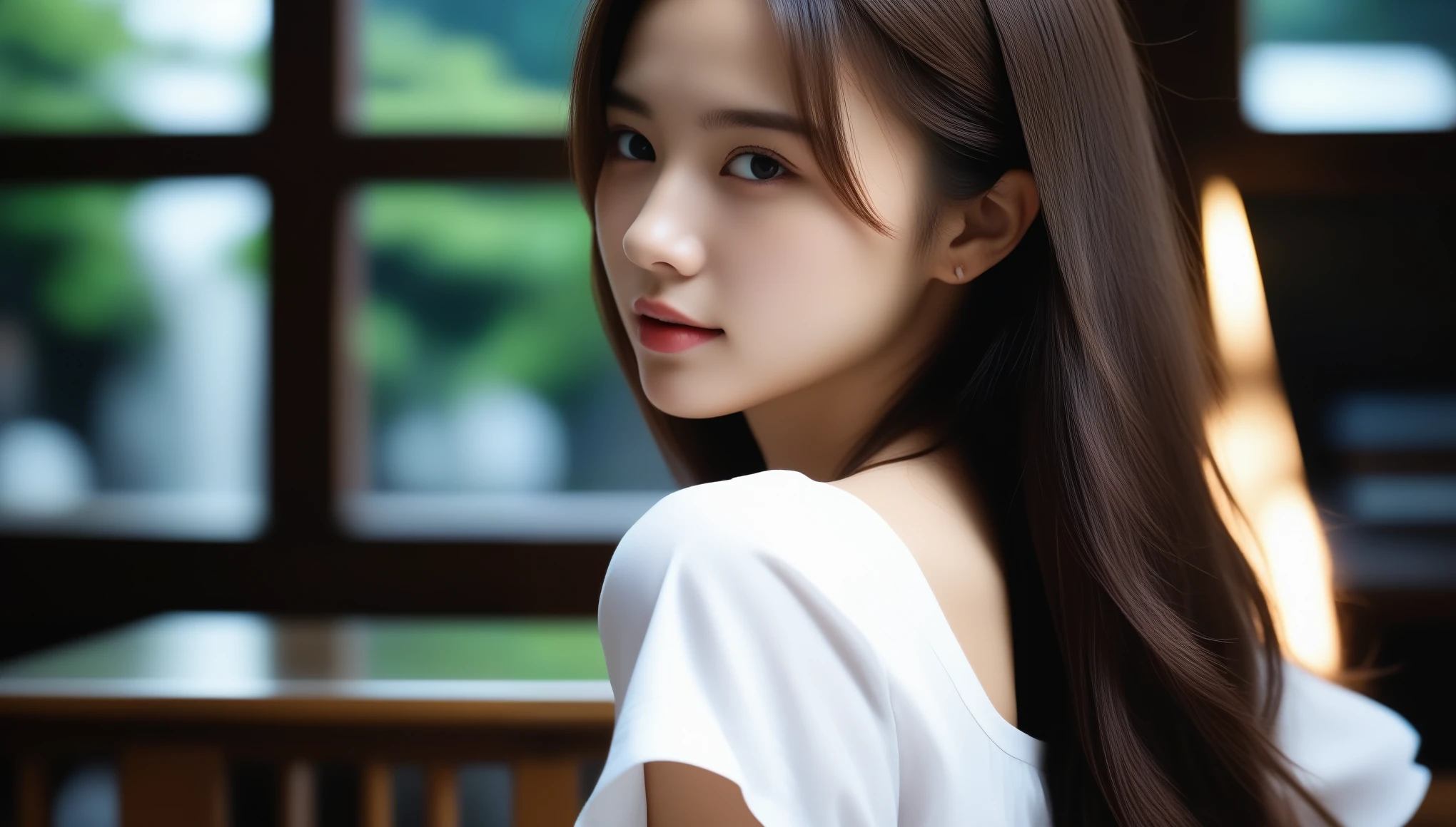 8k, Ultra-high resolution, highest quality, masterpiece, Surreal, photograph, 1 girl, (:1.3), pretty girl, Cute face, Beautiful eyes in every detail, 細かくdetailedに,masterpiece,masterpiece, highest quality, Ultra-high resolution, (Realistic:1.4), Beautiful lighting, RAWphotograph, 8K Ultra HD, 非常にdetailedな顔, Realistic lightning, beautiful girl, pretty girl, ((She is wearing a white shirt and a long pleated skirt)), library, Long Shot, shy,Sexy pose、See through 、Looking at the audience、beauty,Long neck、Laugh a little、Please close your mouth and laugh、(((Ideal body type))),A-cup small breasts :2,、Portraiture:2、Perfect Anatomy、鮮明なdetailed、detailed、Surreal、Light and shadow,Strong light,Fashion magazine cover,Thin lips