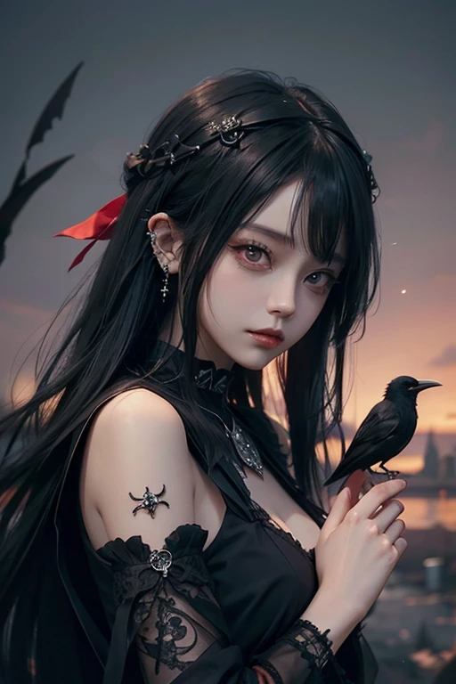 there is a woman with a bird on her shoulder, with long hair and piercing eyes, dark fantasy mixed with realism, 1 7 - year - old anime goth girl, cute face. dark fantasy, raven black hair, black hair and large eyes, by Yang J, artwork in the style of guweiz, dreamy gothic girl, with a real crow on her arm, red rose, red gorgeous accessories
