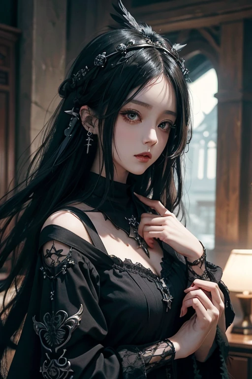 there is a woman with a bird on her shoulder, with long hair and piercing eyes, dark fantasy mixed with realism, 1 7 - year - old anime goth girl, cute face. dark fantasy, raven black hair, black hair and large eyes, by Yang J, artwork in the style of guweiz, dreamy gothic girl, with a real crow on her arm, red rose, red gorgeous accessories 