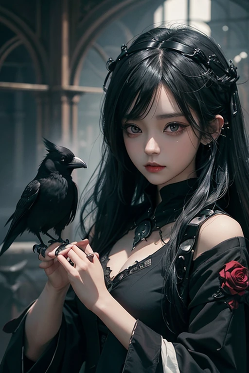 there is a woman with a bird on her shoulder, with long hair and piercing eyes, dark fantasy mixed with realism, 1 7 - year - old anime goth girl, cute face. dark fantasy, raven black hair, black hair and large eyes, by Yang J, artwork in the style of guweiz, dreamy gothic girl, with a real crow on her arm, red rose, red gorgeous accessories