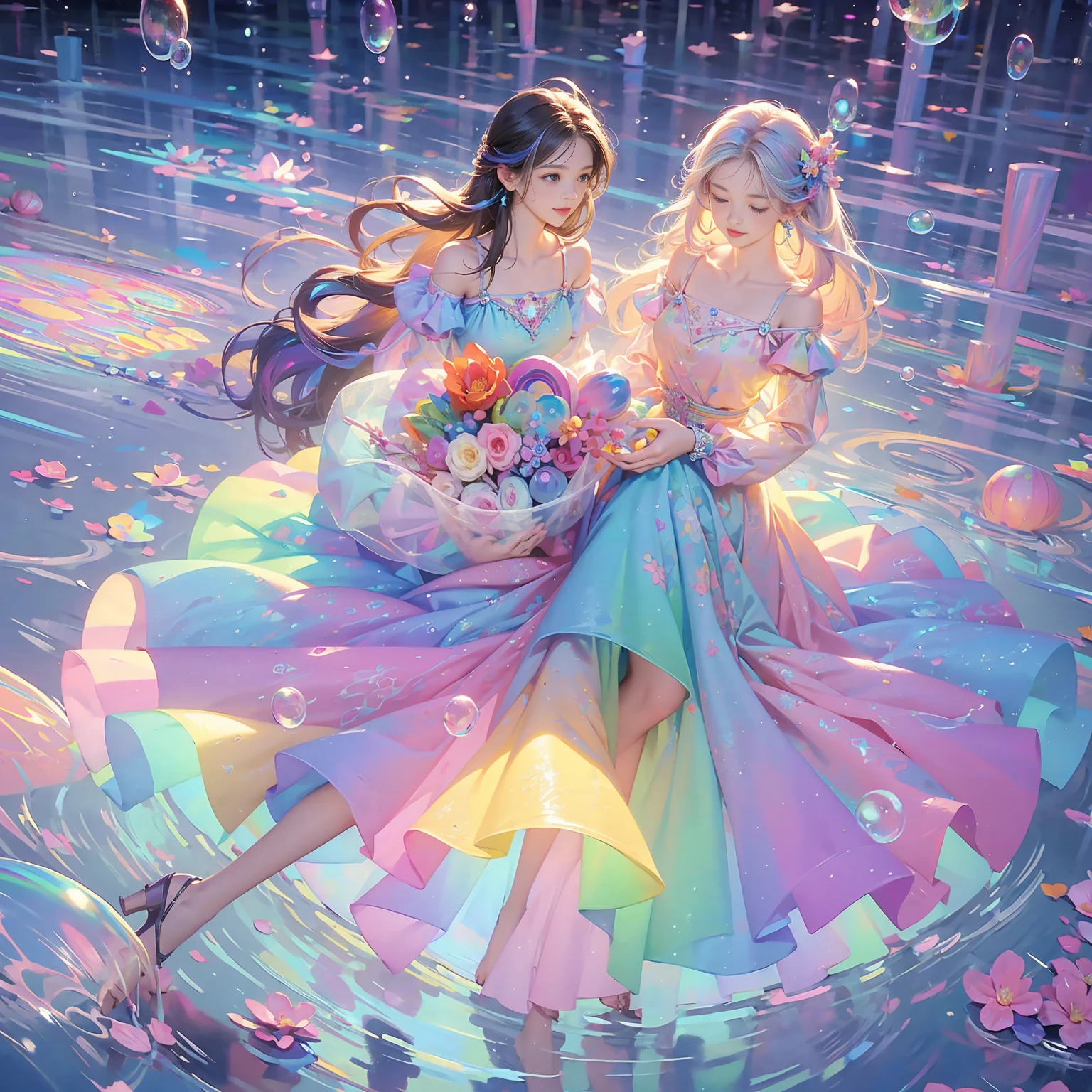 masterpiece, highest quality, Intricate details, Excellent anatomy、beautiful girl, Sparkling eyes, Otherworldly liquid fantasy background, watercolor, Bright and vibrant colors, Whimsical, colorful, Layered tiered puffy long sleeve ball gown, ((Rainbow bubbles))