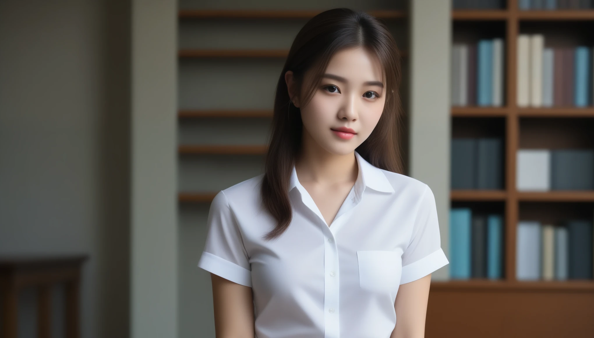 8k, Ultra-high resolution, highest quality, masterpiece, Surreal, photograph, 1 girl, (16 years old:1.3), pretty girl, Cute face, Beautiful eyes in every detail, 細かくdetailedに,masterpiece,masterpiece, highest quality, Ultra-high resolution, (Realistic:1.4), Beautiful lighting, RAWphotograph, 8K Ultra HD, 非常にdetailedな顔, Realistic lightning, beautiful girl, pretty girl, ((She is wearing a white shirt and a long pleated skirt)), library, Long Shot, shy,Sexy pose、See through 、Looking at the audience、beauty,Long neck、Laugh a little、Please close your mouth and laugh、(((Ideal body type))),A-cup small breasts :2,、Portraiture:2、Perfect Anatomy、鮮明なdetailed、detailed、Surreal、Light and shadow,Strong light,Fashion magazine cover,Thin lips