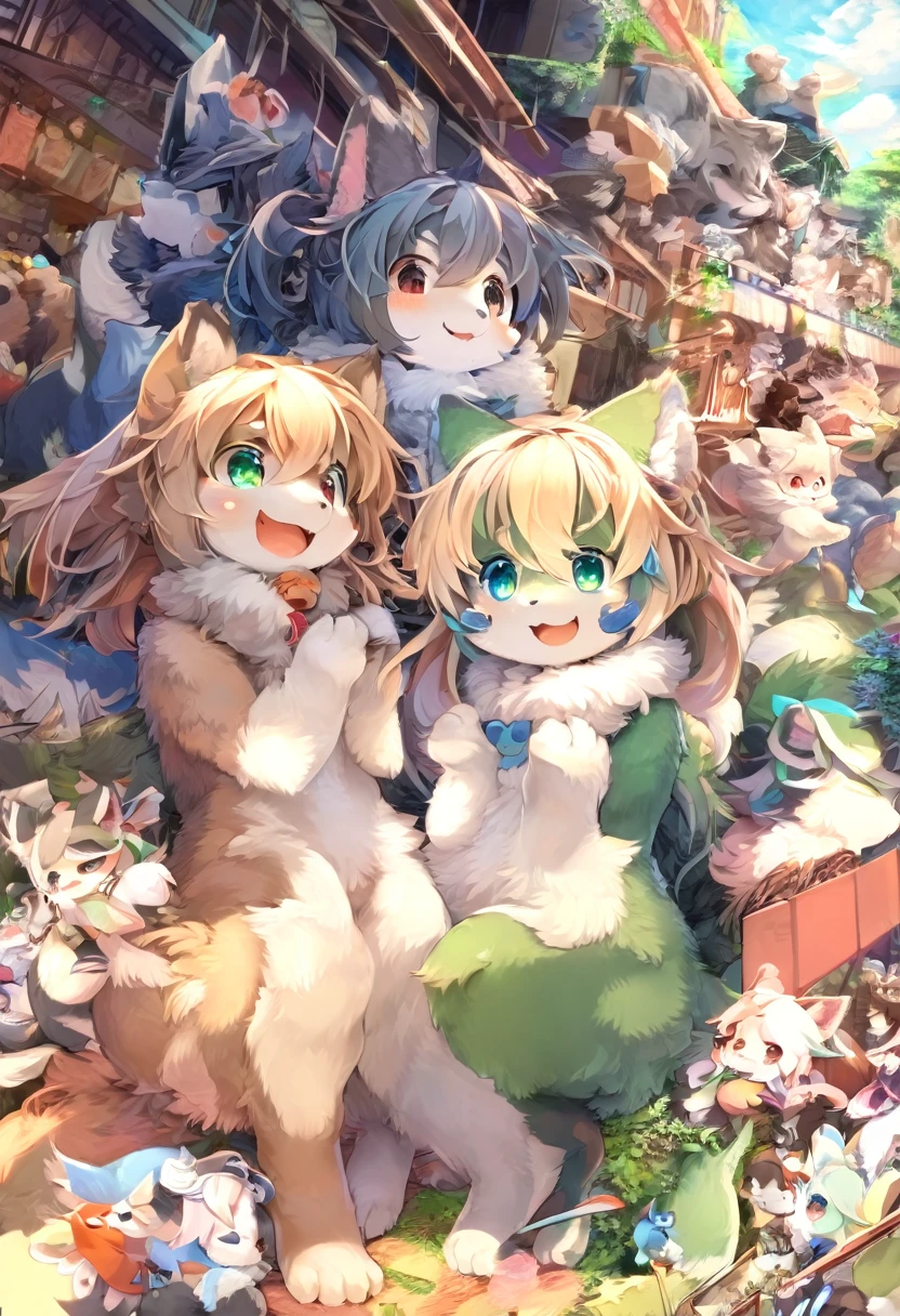 Ultra-high resolution, Detailed Background,  boy, girl, Happy, Joyful, Disorganized(kemono, Furry Personification),　Naked　Naked　Completely naked　Covered entirely in fur　Animal body types　Animal skeleton