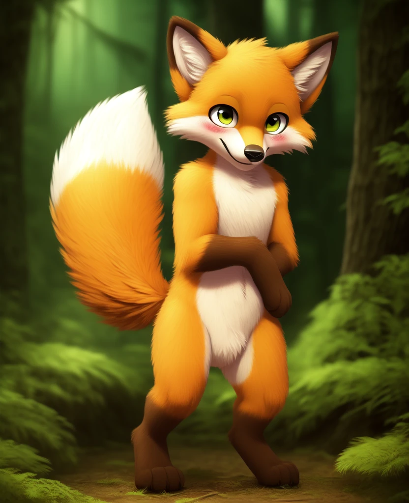 Dagashi, ( Hairy body) , (Realistic fur) , Are standing, Fluffy tail, blush, (:3), A cross between a boy and a fox, happy , Cinema Lighting ,4K, in the forest, cute　nude　Naked　Naked　Completely naked　Hide your crotch in embarrassment
