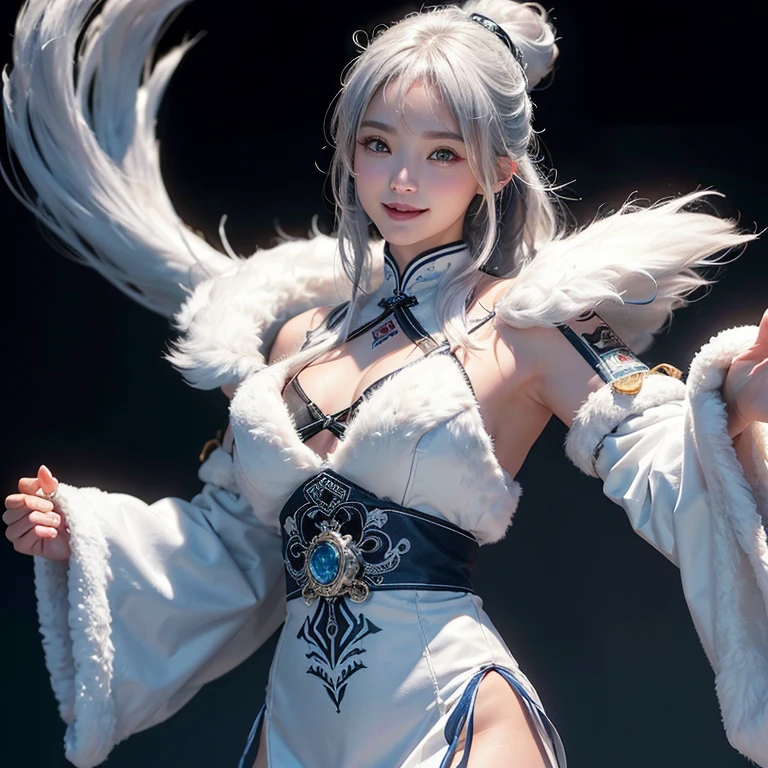 snow mountain、 ((highest quality、masterpiece、8k、best image quality、ultra high resolution、Award-winning work)、(accurate anatomy:1.1)、(look at me and smile:1.1)、Shining fair skin with ultra high resolution、most detailed face、ultra high resolution detailed face、white short hair blowing 、(ultra high resolutionの煌めく瞳:1.1)、Beautiful face drawn in every detail、(blurred background:1.1)、warm Inuit clothing, tattoo, real wolfs beside:1.5