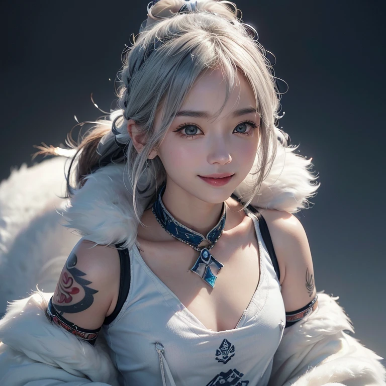 snow mountain、 ((highest quality、masterpiece、8k、best image quality、ultra high resolution、Award-winning work)、(accurate anatomy:1.1)、(look at me and smile:1.1)、Shining fair skin with ultra high resolution、most detailed face、ultra high resolution detailed face、white short hair blowing 、(ultra high resolutionの煌めく瞳:1.1)、Beautiful face drawn in every detail、(blurred background:1.1)、warm Inuit clothing, tattoo, real wolfs beside:1.5
