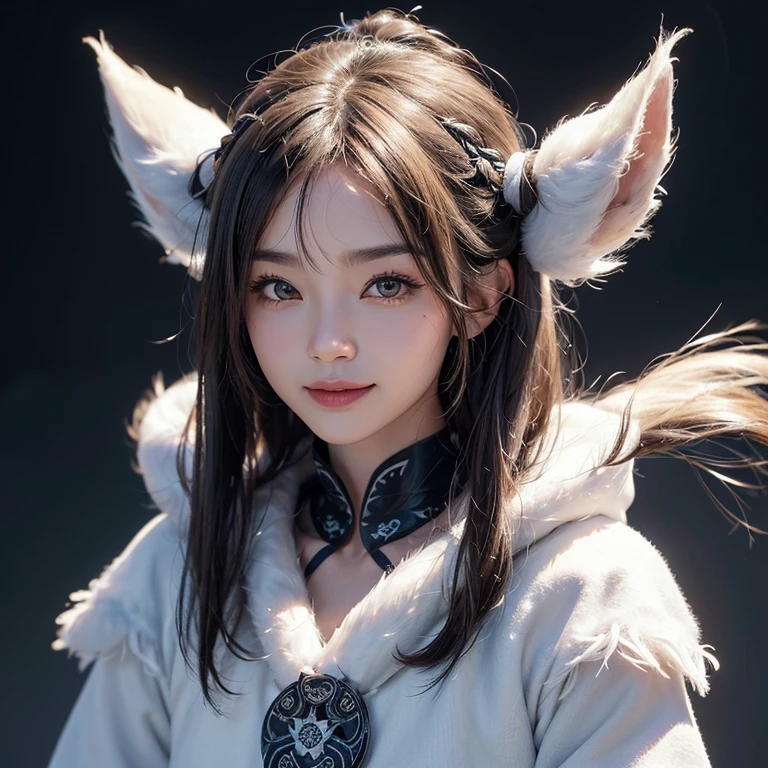 snow mountain、 ((highest quality、masterpiece、8k、best image quality、ultra high resolution、Award-winning work)、(accurate anatomy:1.1)、(look at me and smile:1.1)、Shining fair skin with ultra high resolution、most detailed face、ultra high resolution detailed face、white short hair blowing 、(ultra high resolutionの煌めく瞳:1.1)、Beautiful face drawn in every detail、(blurred background:1.1)、warm Inuit clothing, tattoo, real wolfs beside:1.5
