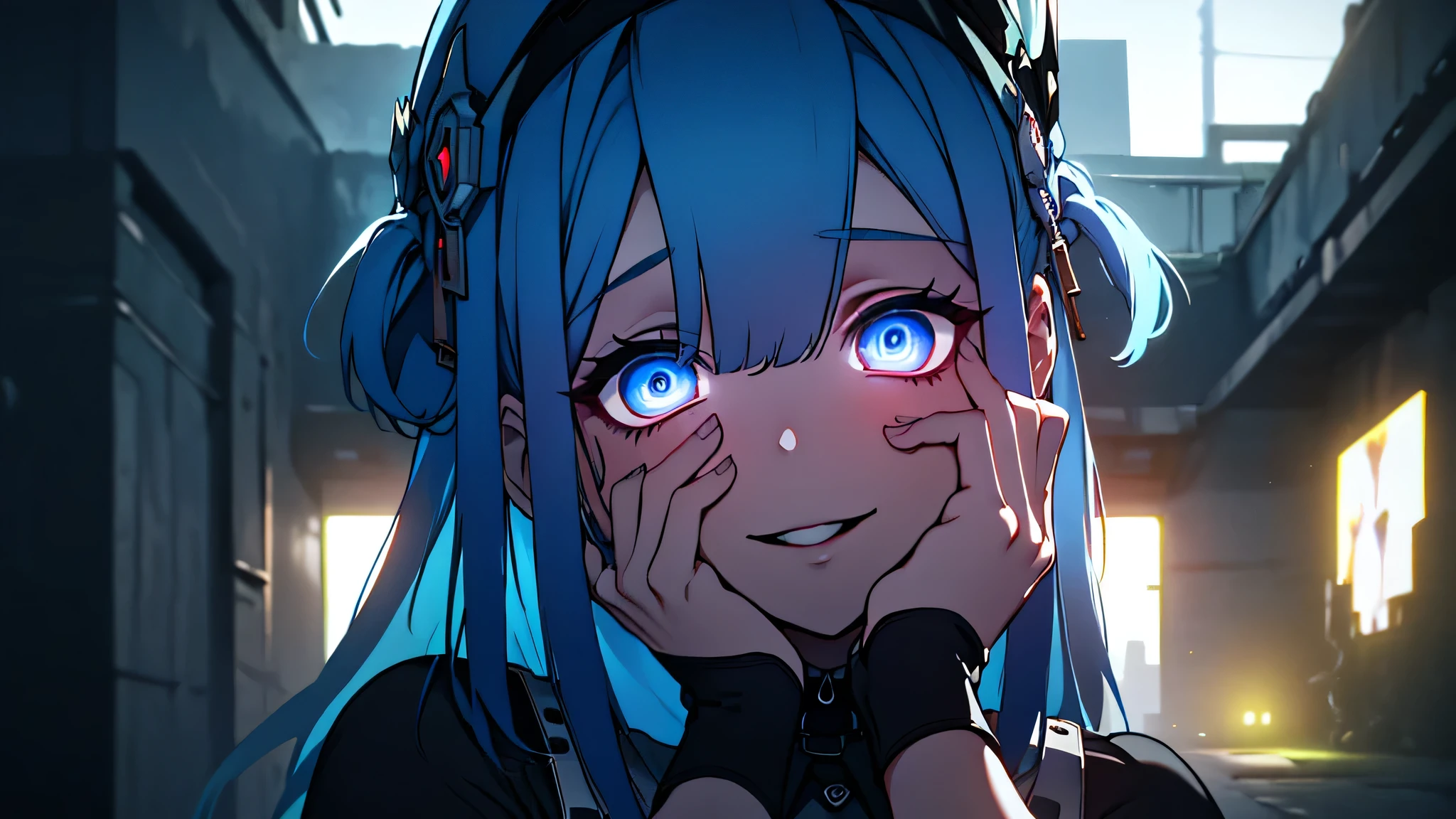 ((Best quality)), ((masterpiece)), (detailed:1.4), 3D, an image of a beautiful cyberpunk female, Yandere , Yandere Face , Trance , Trance Eyes , yameroyandere , constricted pupils , yandere ,
empty eyes . shaded face , crazy eyes , blue glowing eyes , crazy smile , dark, long sky blue hair, watering hair, blue eyes, white headgear, White Soldier Shirt, Black under cloth, Short white panty, Grenade belt, Big chest, Big thigh, High thigh black knee sock, full view of girl, battlefield background, black combat boot, red necktie, black glove, black combat suit, black jacket, black cloak, black panty, ammo belt, HDR (High Dynamic Range),Ray Tracing,NVIDIA RTX,Super-Resolution,Unreal 5,Subsurface scattering,PBR Texturing,Post-processing,Anisotropic Filtering,Depth-of-field,Maximum clarity and sharpness,Multi-layered textures,Albedo and Specular maps,Surface shading,Accurate simulation of light-material interaction,Perfect proportions,Octane Render,Two-tone lighting,Wide aperture,Low ISO,White balance,Rule of thirds,8K RAW,