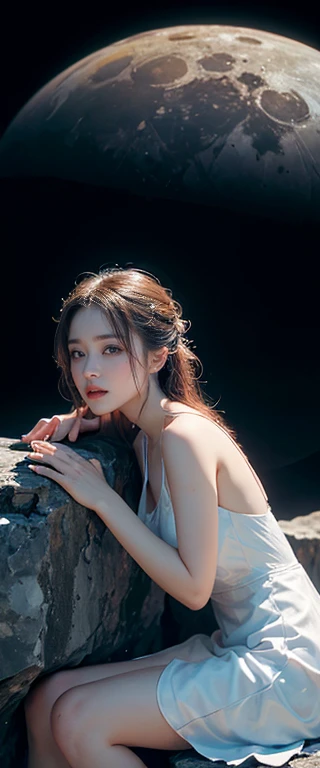 ((masterpiece, highest quality, Highest image quality, High resolution, photorealistic, Raw photo, 8K)), ((Extremely detailed CG unified 8k wallpaper)), Floating, Side view of a woman sitting on a giant crescent moon in the night sky, white one-piece dress.